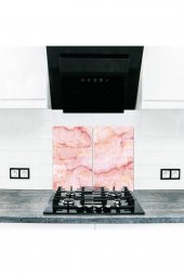 Dekoratif Cam Ocak Koruyucu ve Kesim Tablası Pembe Mermer 60cm x 52cm 2 Parça, 4lü Ocaklar - 1