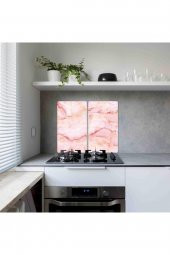 Dekoratif Cam Ocak Koruyucu ve Kesim Tablası Pembe Mermer 60cm x 52cm 2 Parça, 4lü Ocaklar - 2