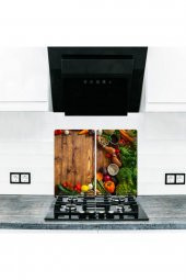 Dekoratif Cam Ocak Koruyucu ve Kesim Tablası Tahta ve Ahşap ve Sebzeler 60cm x 52cm 2 Parça, 4lü Ocaklar - 1