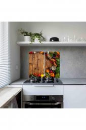Dekoratif Cam Ocak Koruyucu ve Kesim Tablası Tahta ve Ahşap ve Sebzeler 60cm x 52cm 2 Parça, 4lü Ocaklar - 2