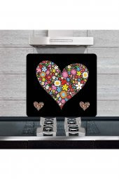 Dekoratif Cam Ocak Arkası Koruyucu ve Kesme Tahtası  Siyah Kalp 50cm x 56cm  Tek Parça thumbnail 1