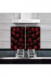 Cam Ocak Koruyucu ve Kesim Tablası Kırmızı Güller (80cm x 52cm) 2 Parça, 5li Ocaklar - 1