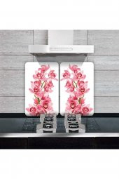 Cam Ocak Koruyucu ve Kesim Tablası Pembe Orkide (80cm x 52cm) 2 Parça, 5li Ocaklar - 1