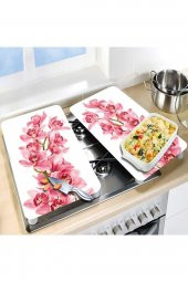 Cam Ocak Koruyucu ve Kesim Tablası Pembe Orkide (80cm x 52cm) 2 Parça, 5li Ocaklar - 2