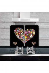 2 li 40x52 cm Siyah Kalp Desenli Cam Kesim Tablası ve Ocak Koruma - 2