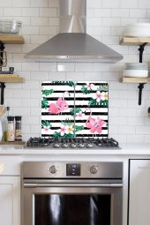 2 li 30x52 cm Flamingo & Çiçekler Desenli Cam Ocak Arkası Koruyucusu - 1