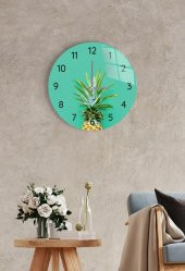 Çap 37 cm Yeşil Ananas Dekoratif Cam Duvar Saati - 1