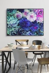 50 x 60 cm Mavi Bahar Çiçekleri Desenli Cam Tablo 4mm Temperli Camdır - 1