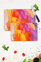 2 li Takım 30x40 cm ve 20x30 cm Gökkuşağı Desenli Cam Kesim Tablası ve Ocak Koruma - 1