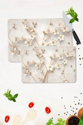 2 li Takım 30x40 cm ve 20x30 cm Yapay Güller Desenli Cam Kesim Tablası ve Ocak Koruma thumbnail 1