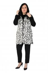 Fierte Kadın Büyük Beden Yelek Ay61923 Çıkabilen Kapüşon Fermuar Kapama Spor Cep Ön Pelüş Kürk Arka Kaşe Kolsuz Siyah Desenli - 3