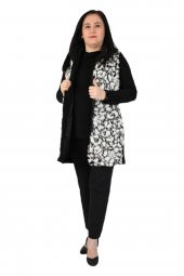 Fierte Kadın Büyük Beden Yelek Ay61923 Çıkabilen Kapüşon Fermuar Kapama Spor Cep Ön Pelüş Kürk Arka Kaşe Kolsuz Siyah Desenli - 4