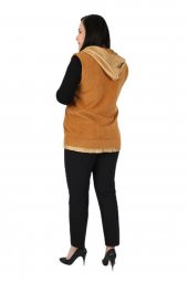 Fierte Kadın Büyük Beden Yelek Lm37131 Sabit Kapüşon Fermuar Kapama Spor Cep Polar Hardal Camel - 5