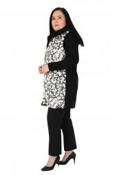 Fierte Kadın Büyük Beden Yelek Ay61923 Çıkabilen Kapüşon Fermuar Kapama Spor Cep Ön Pelüş Kürk Arka Kaşe Kolsuz Siyah Desenli - 6