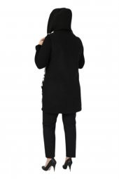 Fierte Kadın Büyük Beden Yelek Ay61923 Çıkabilen Kapüşon Fermuar Kapama Spor Cep Ön Pelüş Kürk Arka Kaşe Kolsuz Siyah Desenli - 8