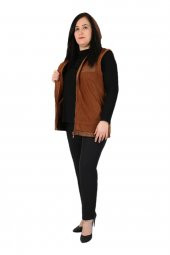 Fierte Kadın Büyük Beden Yelek Lm37131 Sabit Kapüşon Fermuar Kapama Spor Cep Polar Hardal Camel - 10
