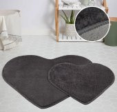 My Evilla Modern Dekoratif Halı Jel Kaymaz Taban Peluş Puffy Kalp Model Antrasit  Paspas Takımı 70x100-70x60 - 1