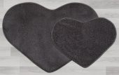 My Evilla Modern Dekoratif Halı Jel Kaymaz Taban Peluş Puffy Kalp Model Antrasit  Paspas Takımı 70x100-70x60 - 2