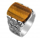 Kaplan Gözü Taşlı Örgü Desenli 925 Ayar Gümüş Yüzük thumbnail 3