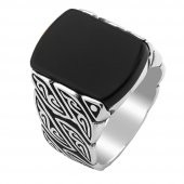 Siyah Oniks Taşlı Örgü Desenli 925 Ayar Gümüş Yüzük thumbnail 3