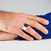 Siyah Oval Oniks Taşlı Parlak 925 Ayar Gümüş Yüzük thumbnail 2