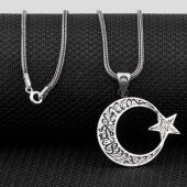 Kelimei Tevhid Yazılı Büyük Boy Ay Yıldız Tasarımlı 925 Ayar Gümüş Kolye - 1