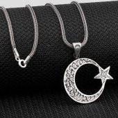 Kelimei Tevhid Yazılı Büyük Boy Ay Yıldız Tasarımlı 925 Ayar Gümüş Kolye - 2