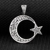 Kelimei Tevhid Yazılı Büyük Boy Ay Yıldız Tasarımlı 925 Ayar Gümüş Kolye Ucu thumbnail 2