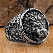 Kükreyen Aslan Figürlü 925 Ayar Gümüş Yüzük thumbnail 1