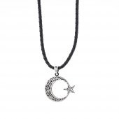 Kelimei Tevhid Yazılı Büyük Boy Ay Yıldız Tasarımlı 925 Ayar Gümüş Deri İpli Kolye thumbnail 1