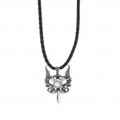 Çift Ejderha Tasarımlı Hançer Detaylı Beyaz Zirkon Taşlı 925 Ayar Gümüş Deri İpli Kolye thumbnail 1