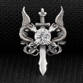 Çift Ejderha Tasarımlı Hançer Detaylı Beyaz Zirkon Taşlı 925 Ayar Gümüş Deri İpli Kolye thumbnail 2