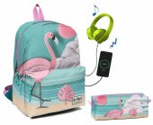 Coral High Üç Bölmeli Ortaokul ve Lise Okul Çantası Seti - Yeşil Pembe Flamingo - 1
