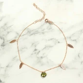 925 Ayar Rose Gümüş Yuvarlak Peridot Taşlı Defne Yaprağı Halhal thumbnail 2