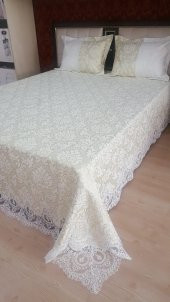 Finezza Beste Fransız Dantelli Simli Jakar Kumaş Krem Yatak Örtüsü 3 Parça - 118 - 8
