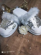 Finezza Bride Pamuk Kuş Tüylü & Varaklı Beyaz Havlu Terlik 38-40 numara - 516 - 1