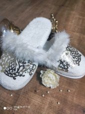 Finezza Bride Pamuk Kuş Tüylü & Varaklı Beyaz Havlu Terlik 38-40 numara - 516 - 2