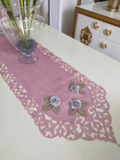 Finezza Mina Kadife Lazer Kesim Çiçek Süslemeli Pudra Gri Runner 40x140 cm - 718 - 2