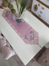 Finezza Mina Kadife Lazer Kesim Çiçek Süslemeli Pudra Gri Runner 40x140 cm - 718 - 4
