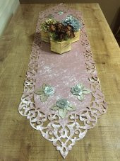 Finezza Mina Kadife Lazer Kesim Çiçek Süslemeli Pudra Gri Runner 40x140 cm - 718 - 5
