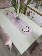 Finezza Mina Kadife Lazer Kesim Çiçek Süslemeli Pudra Krem Runner 40x140cm - 719 thumbnail 1