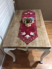 Finezza Mina Kadife Lazer Kesim Çiçek Süslemeli Bordo Runner 40x140 cm - 733 - 1