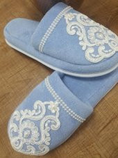 Finezza Bride Pamuk İncili Aplikeli  Mavi Havlu Terlik 38-40 numara - 580 - 2