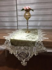 Finezza Bloom Kadife Kumaş Güpürlü Haki Runner 45*150 cm - 645 - 1