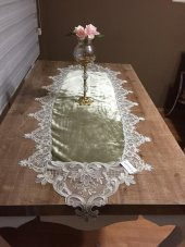 Finezza Bloom Kadife Kumaş Güpürlü Haki Runner 45*150 cm - 645 - 2