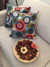 Finezza Geometrik Çiçek Baskılı Pamuk Kumaş Krem Kırlent 45x45 cm İkili - 810 - 1