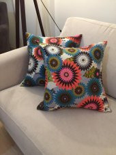 Finezza Geometrik Çiçek Baskılı Pamuk Kumaş Krem Kırlent 45x45 cm İkili - 810 - 2