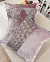 Finezza Hale Şerit Taşlı  Kadife Kumaş Pudra Kırlent 45*45 cm İkili - 21 - 1