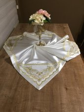 Finezza El işlemesi Boncuklu Saten Kumaş Beyaz Gold Gelin Bohçası 90x90 cm - 515 - 1