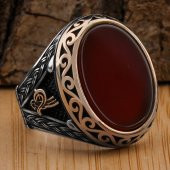 Bordo Akik Taşlı Tuğra Detaylı 925 Ayar Gümüş Yüzük thumbnail 1